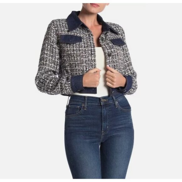 Gracia Crop Jacket Tweed Denim Blue Silver Glitter Contrast Denim Sz S Nwt $143